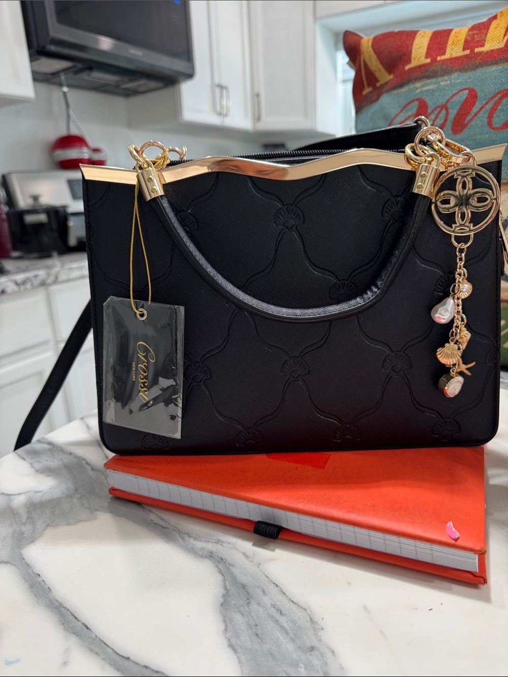 Crossi Bag Black Embossed Satchel with Gold Charm Accents